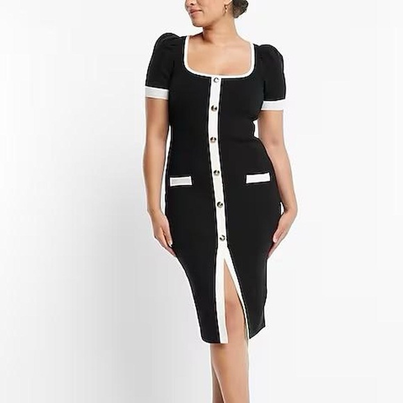 Scoop Neck Puff Sleeve Novelty Button Tipped Midi Sweater Dress: Express - Picture 1 of 5